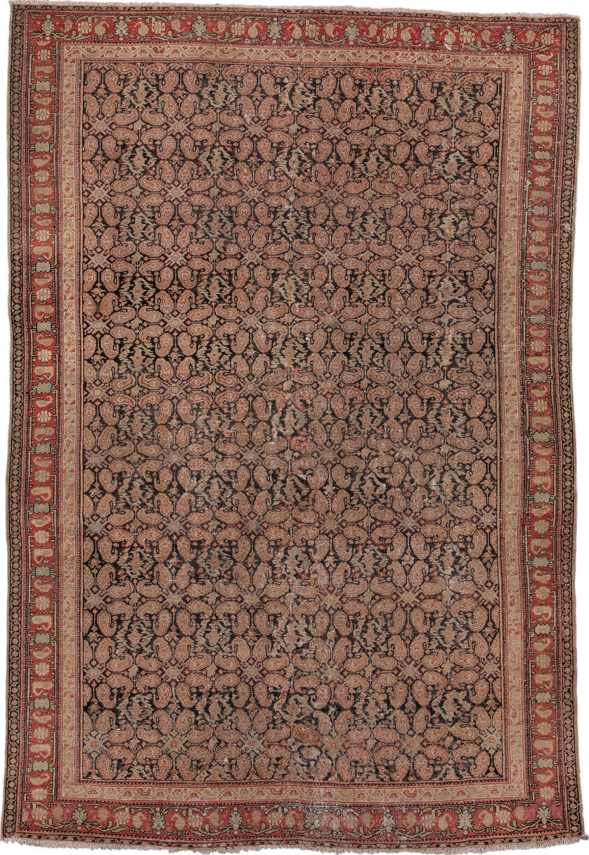 4' x 6' one-of-a-kind handmade vintage Senne small size rug. Color palette: black, brown, gray, pink, red