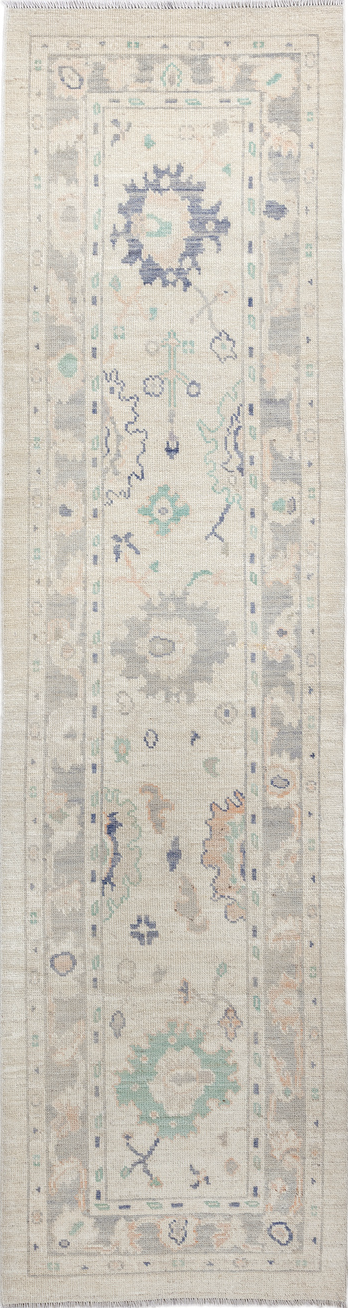 2' x 10' one-of-a-kind handmade vintage Oushak runner rug. Color palette: dark gray, gray, light gray, linen, off-white