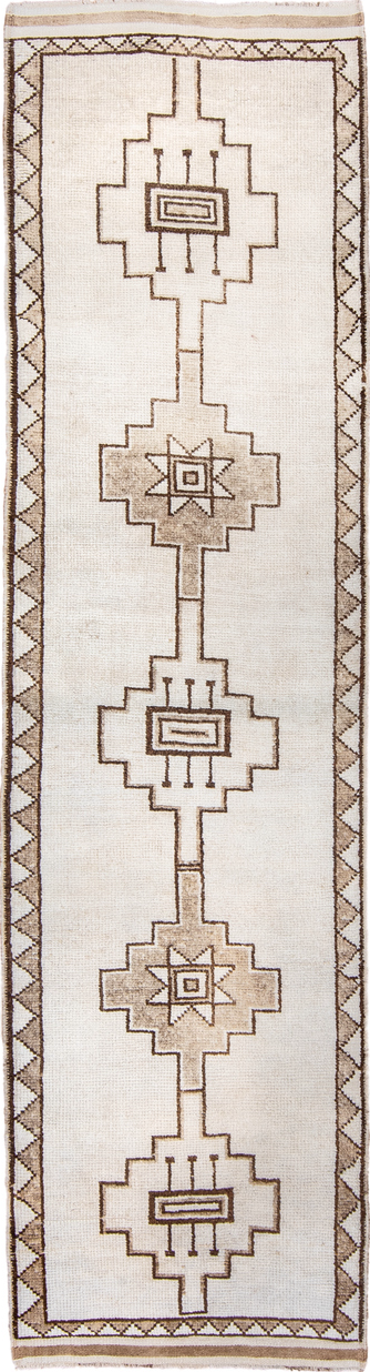 3' x 12' one-of-a-kind handmade vintage Kars runner rug. Color palette: brown, gainsboro, gray, light gray, linen, off-white