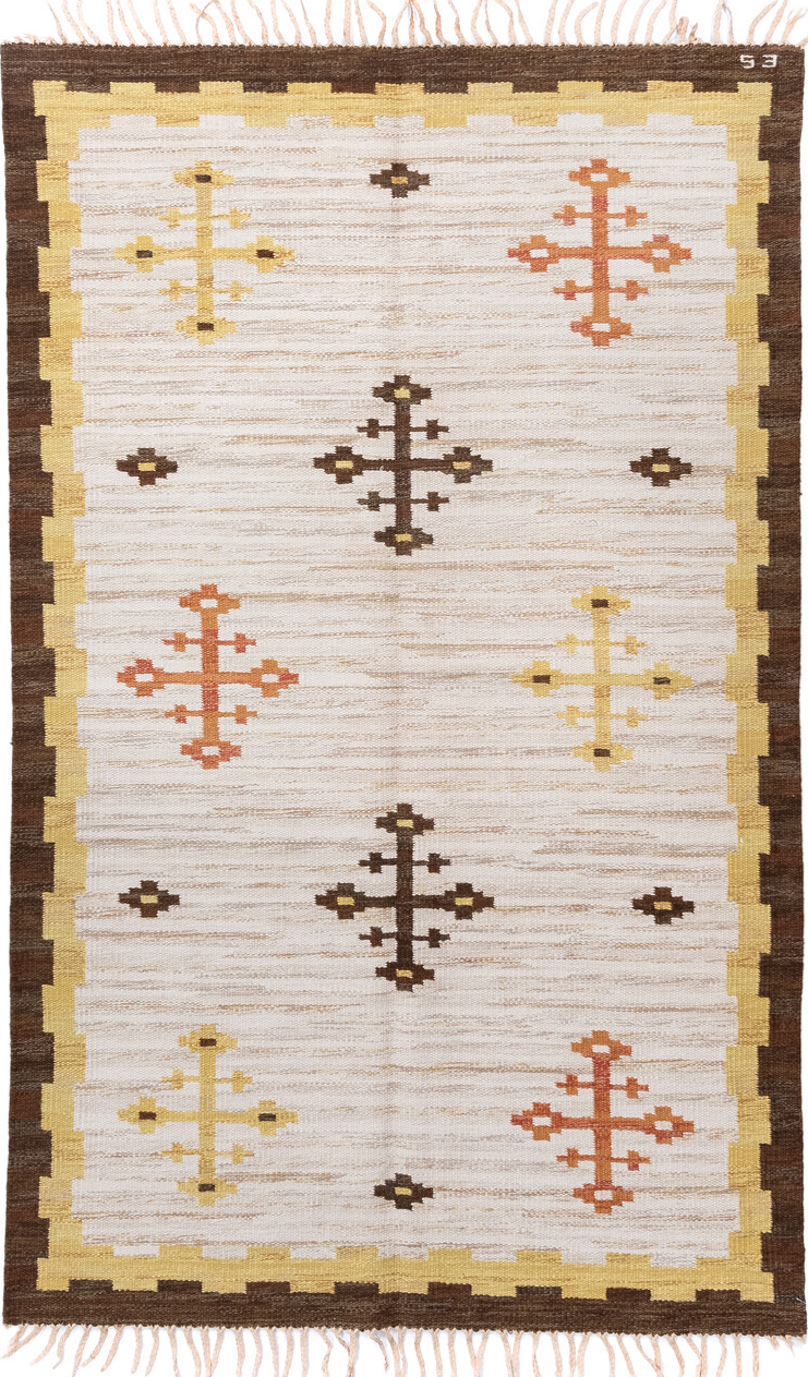 4' x 7' one-of-a-kind handmade vintage Rollaken rug. Color palette: brown, gainsboro, gray, light gray, linen, off-white