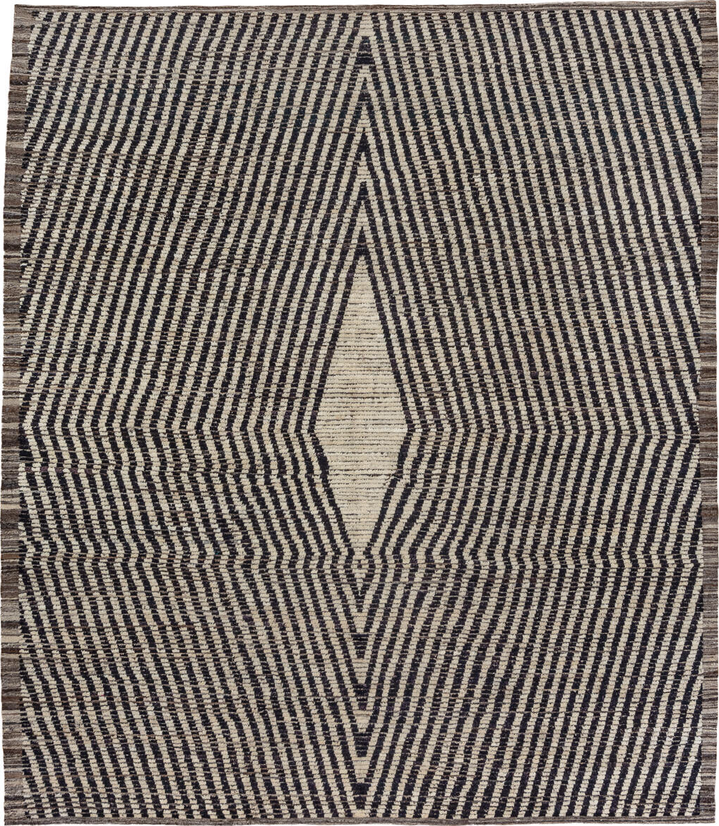 9' x 11' one-of-a-kind handmade vintage Tulu large size rug. Color palette: black, brown, charcoal, dim gray, gray