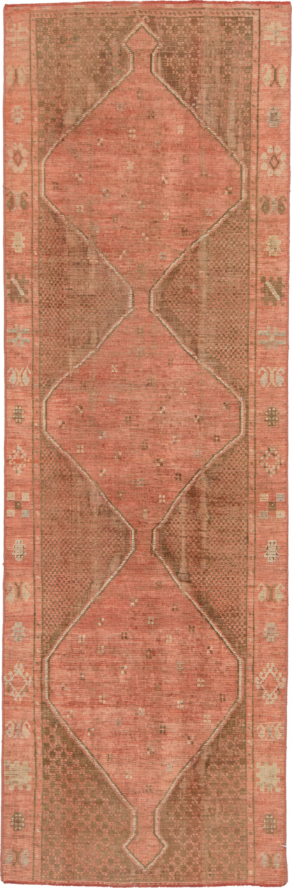 3' x 10' one-of-a-kind handmade vintage Oushak runner rug. Color palette: brown, dark salmon, pink, tan