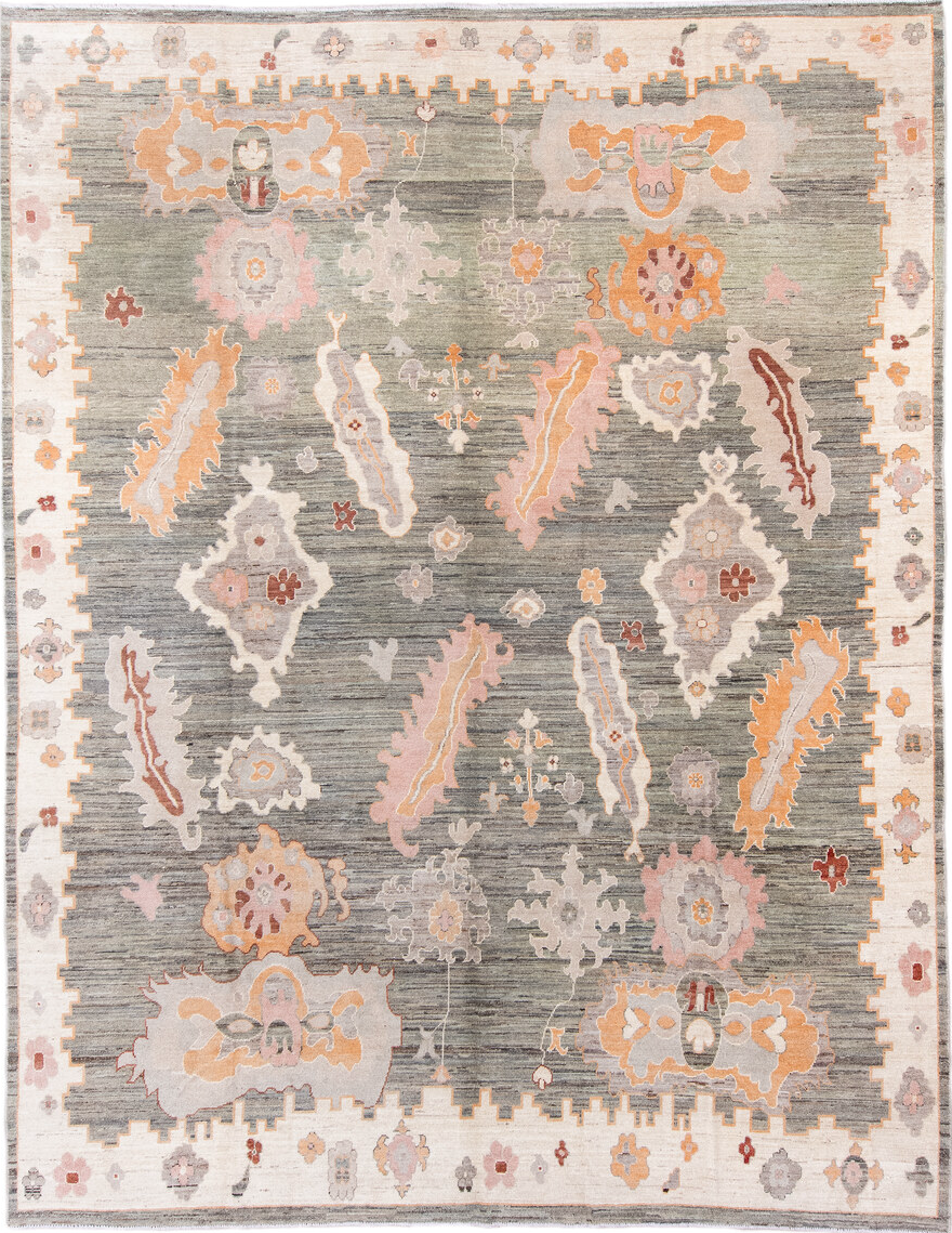 10' x 14' one-of-a-kind handmade vintage Oushak large size rug. Color palette: brown, gray, light gray, off-white, orange
