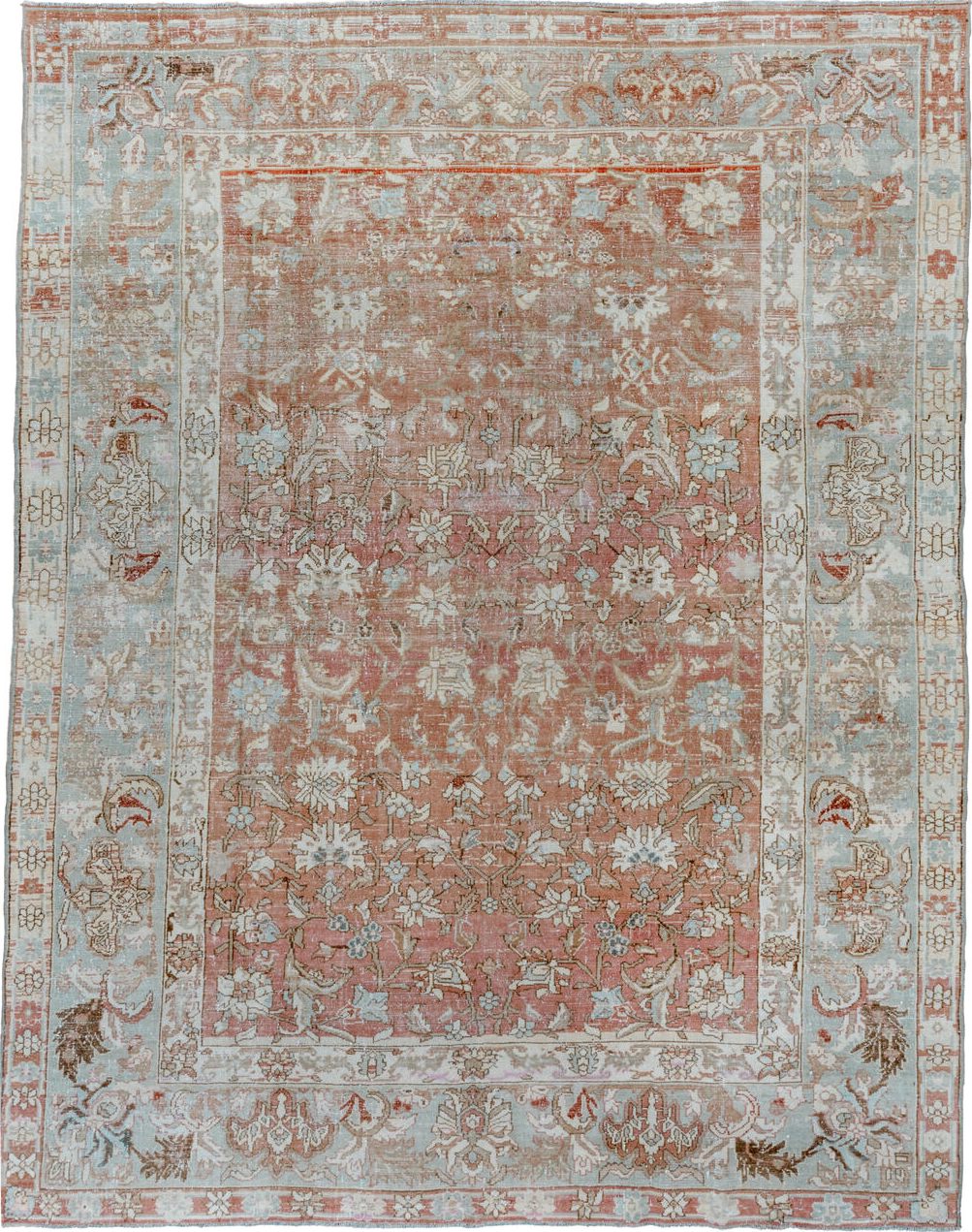 7' x 9' one-of-a-kind handmade vintage Malayer rug. Color palette: brown, dark gray, gray, light gray, off-white, pink