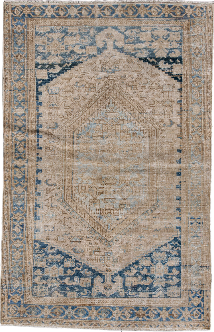 4' x 6' one-of-a-kind handmade vintage Malayer small size rug. Color palette: black, blue, brown, fiord, gray, light gray