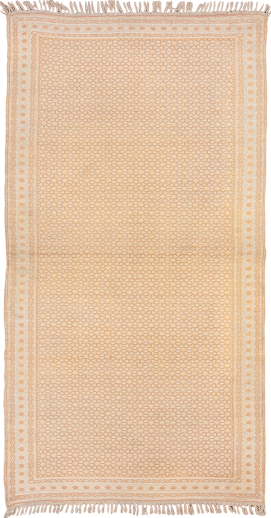 3' x 6' one-of-a-kind handmade vintage Dhurrie small size rug. Color palette: antiquewhite, brown, burlywood, off-white