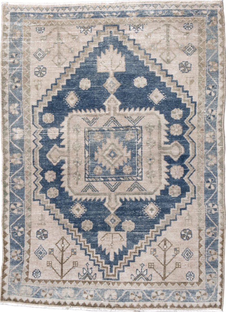 3' x 4' one-of-a-kind handmade vintage Hamadan small size rug. Color palette: gray, light gray, off-white, blue, pink