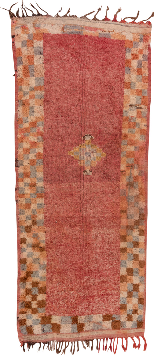 3' x 9' one-of-a-kind handmade vintage Moroccan runner rug. Color palette: brown, orange, pink, red