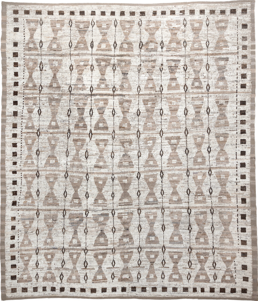 12' x 14' one-of-a-kind handmade vintage Tulu oversize rug. Color palette: dark gray, floral white, gray, light gray, linen