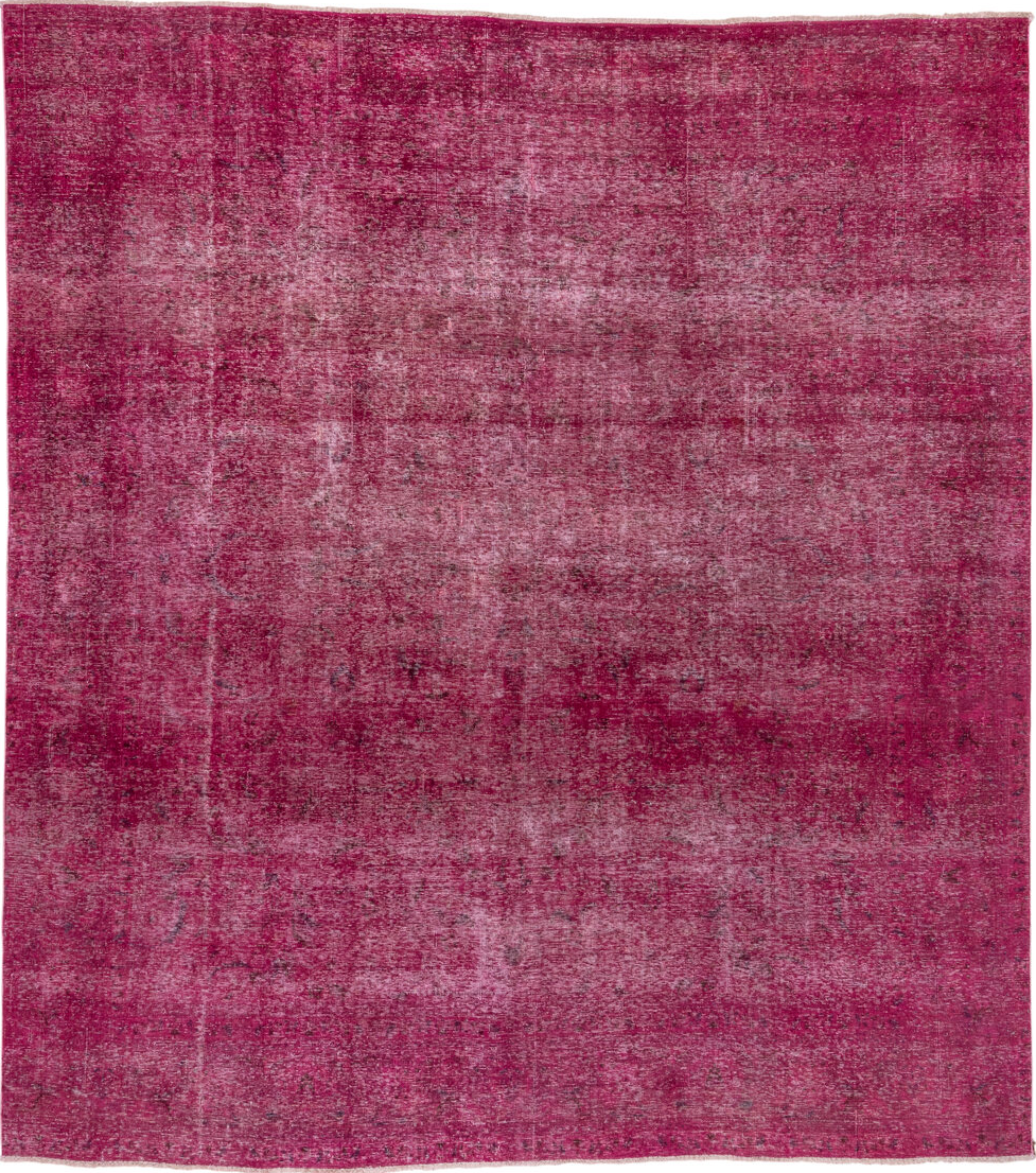 9' x 10' one-of-a-kind handmade vintage Overdyed large size rug. Color palette: pink, off-white, red, brown, white, snow