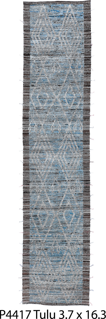 3' x 16' one-of-a-kind handmade vintage Tulu runner rug. Color palette: black, blue, dark gray, dim gray, gainsboro, gray