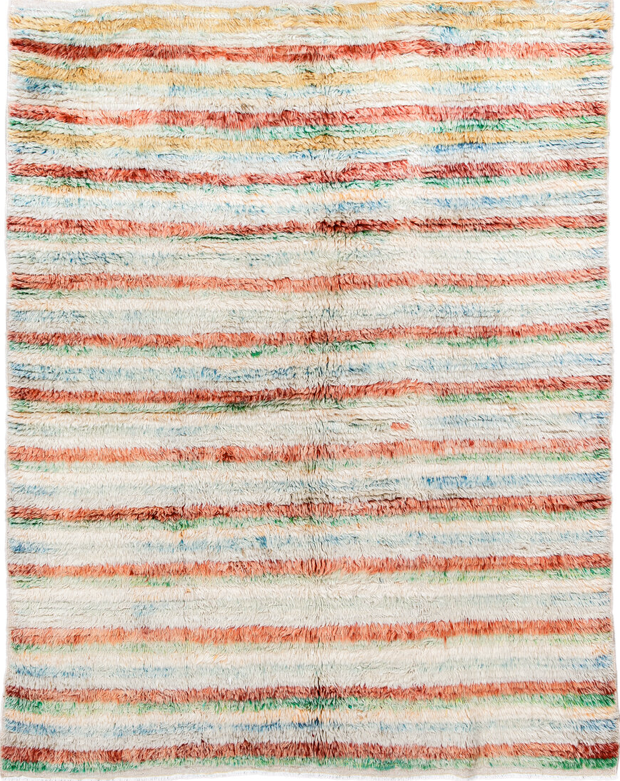 5' x 7' one-of-a-kind handmade vintage Moroccan rug. Color palette: beige, blue, brown, floral white, gainsboro, gray, green
