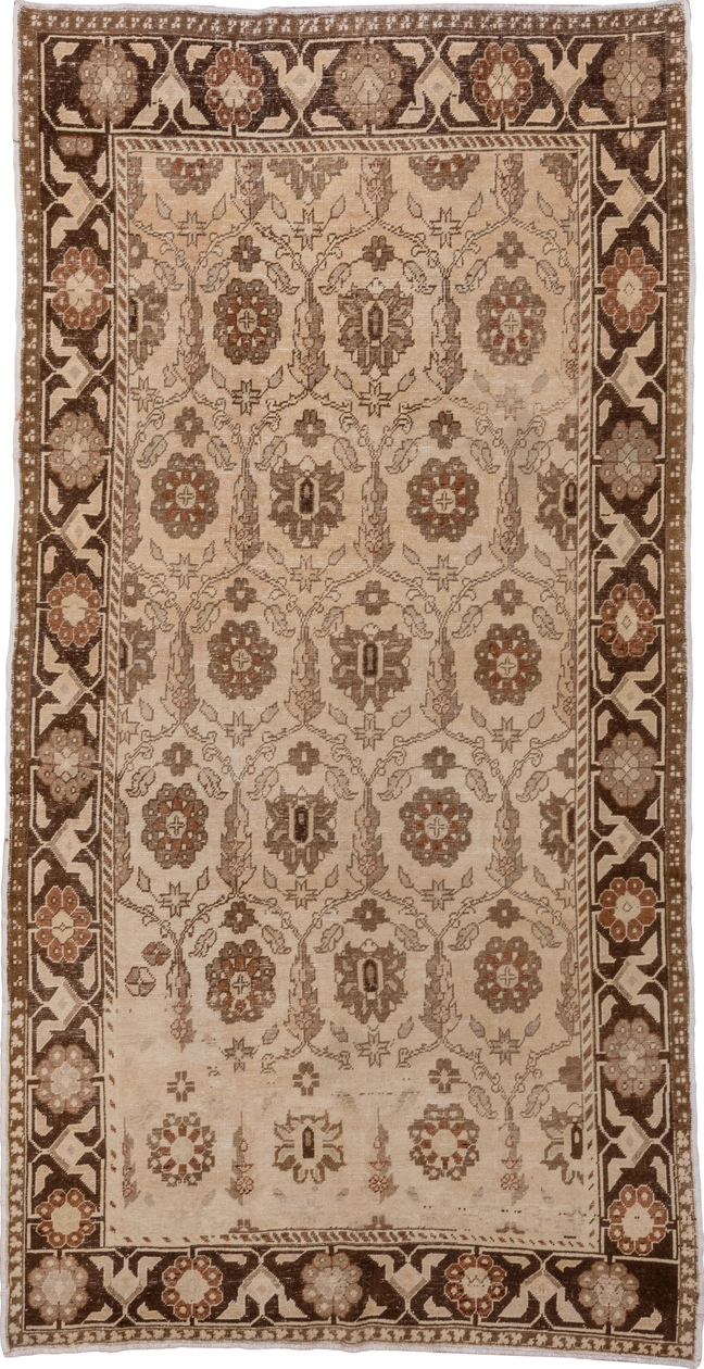 4' x 9' one-of-a-kind handmade vintage Oushak rug. Color palette: brown, gray, light gray, off-white, silver, tan