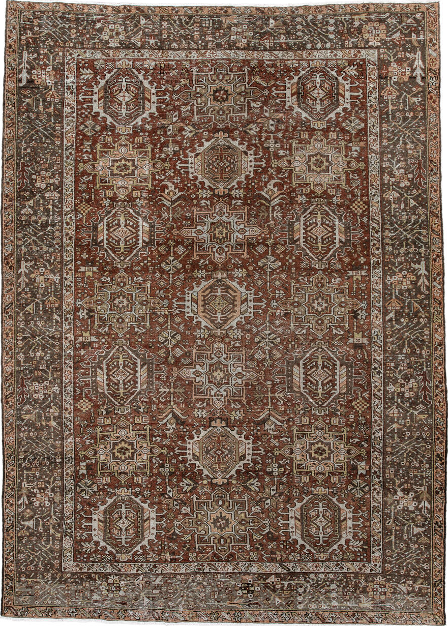 7' x 9' one-of-a-kind handmade vintage Karaje rug. Color palette: brown, gray, light gray, off-white