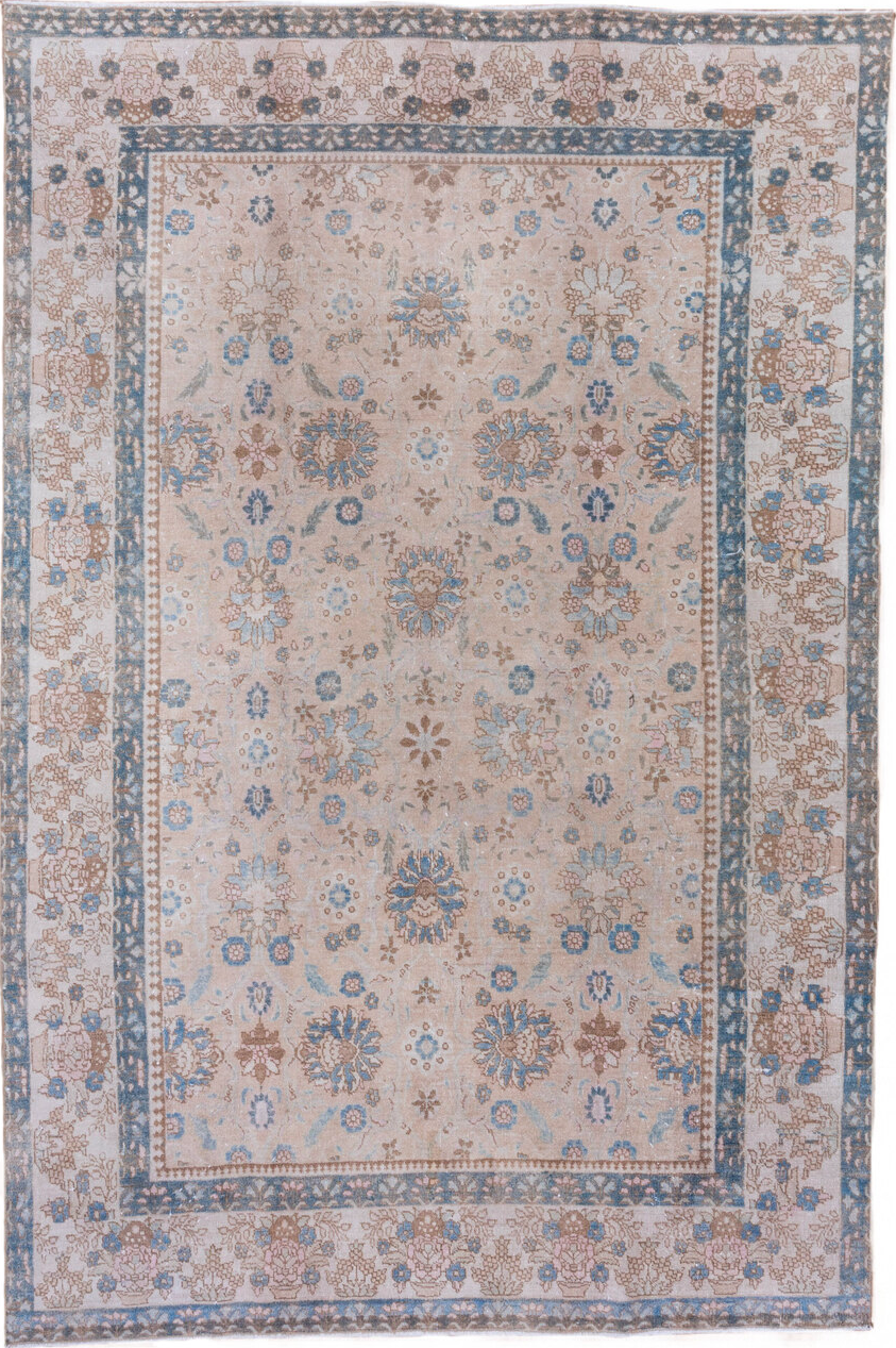 7' x 10' one-of-a-kind handmade vintage Tabriz large size rug. Color palette: blue, dark gray, gainsboro, gray, light gray