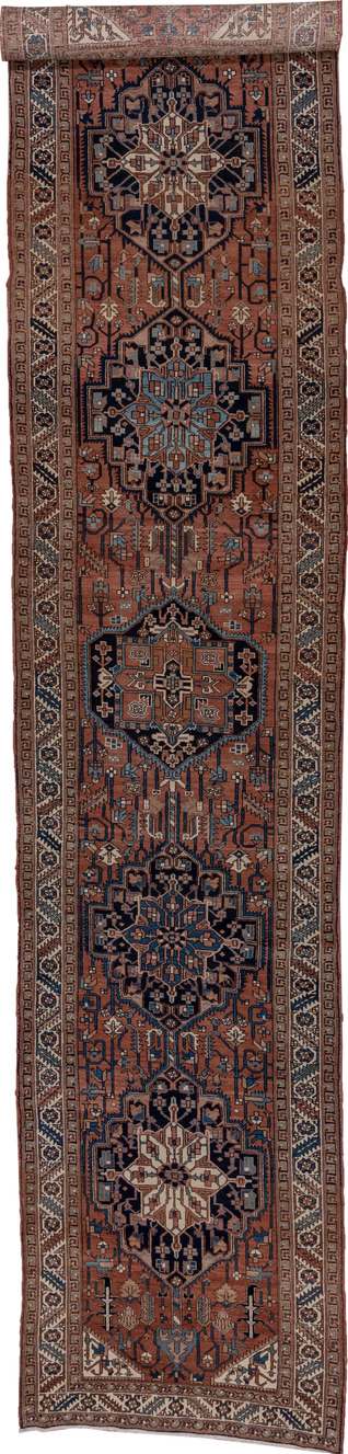 4' x 18' one-of-a-kind handmade vintage Heriz runner rug. Color palette: brown, gray, black, blue, pink, red, charcoal