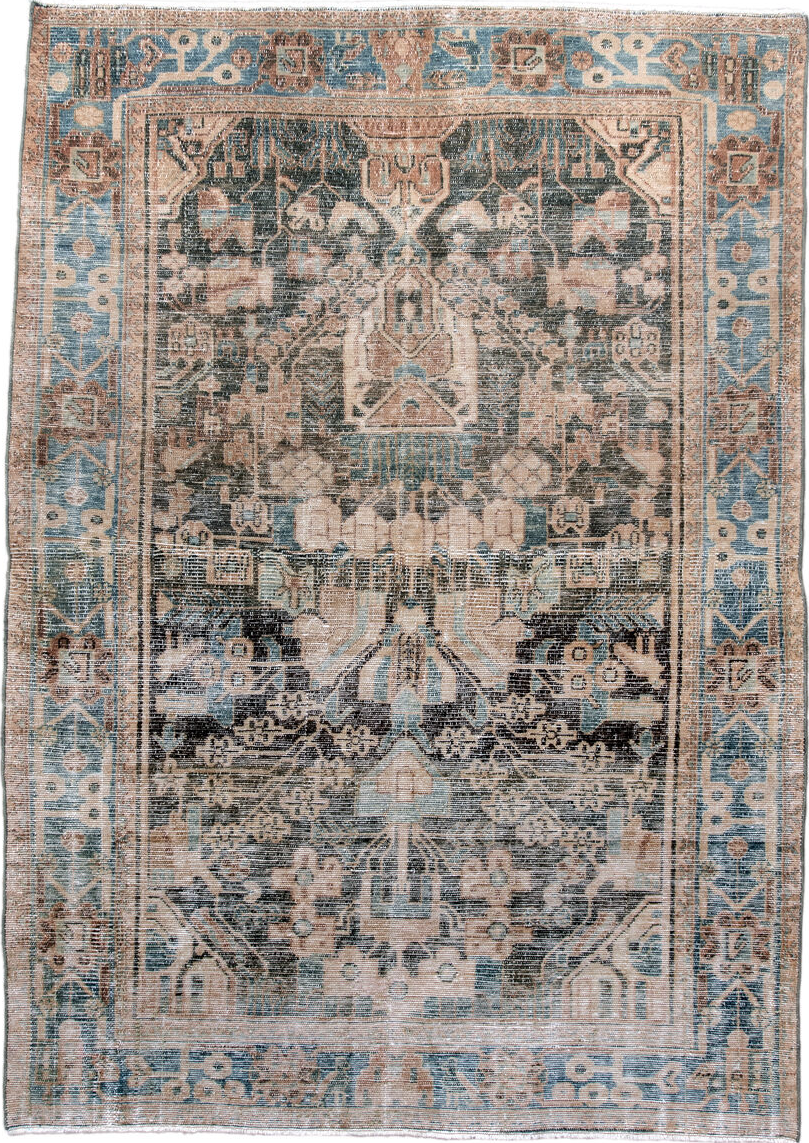 4' x 6' one-of-a-kind handmade vintage Malayer small size rug. Color palette: black, blue, brown, dark gray, dim gray