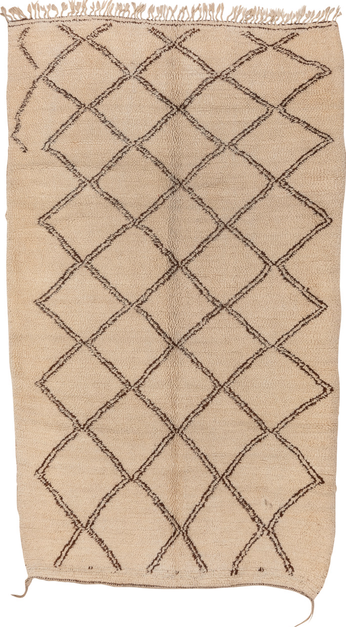 6' x 10' one-of-a-kind handmade vintage Moroccan large size rug. Color palette: brown, off-white, orange