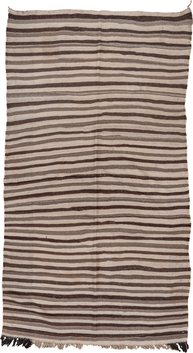 3' x 6' one-of-a-kind handmade vintage Blanket small size rug. Color palette: brown, gray, light gray, off-white, pink