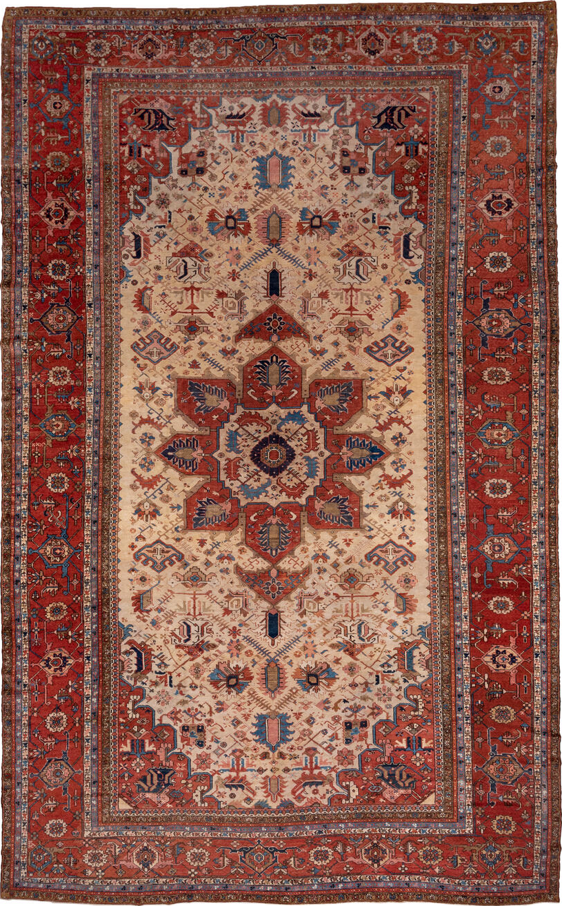12' x 18' one-of-a-kind handmade vintage Serapi oversize rug. Color palette: arapawa, blue, brown, gray, orange, pink, red