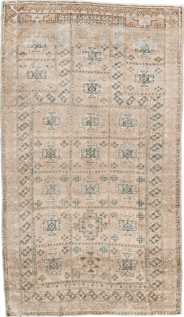 2' x 4' one-of-a-kind handmade vintage Belouch small size rug. Color palette: off-white, gray, light gray, pink, brown