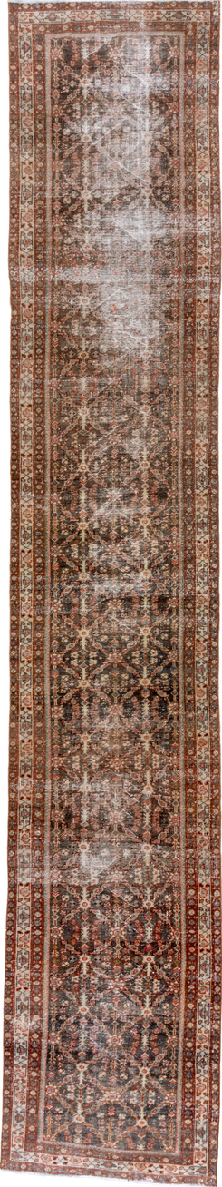 3' x 16' one-of-a-kind handmade vintage Mahal runner rug. Color palette: brown, gray, light gray, off-white, pink, silver