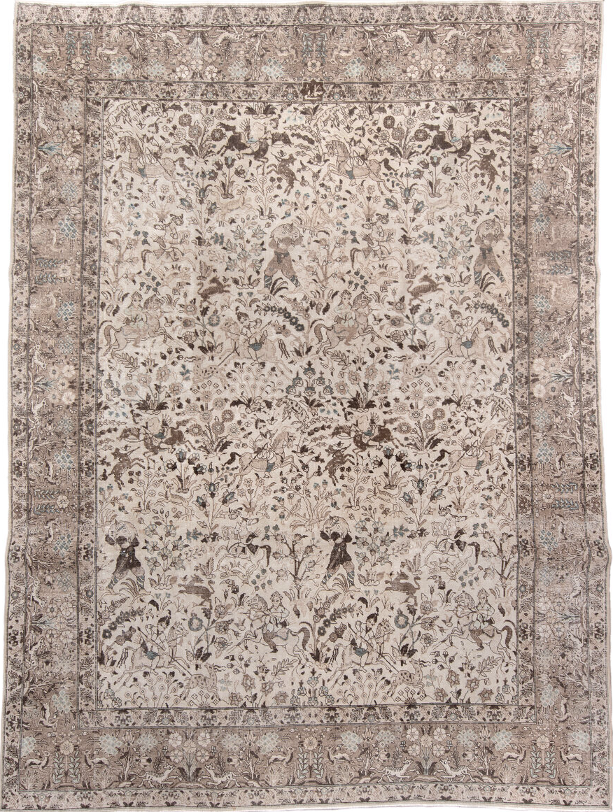 8' x 10' one-of-a-kind handmade vintage Tabriz large size rug. Color palette: gray, light gray, linen, off-white, pink