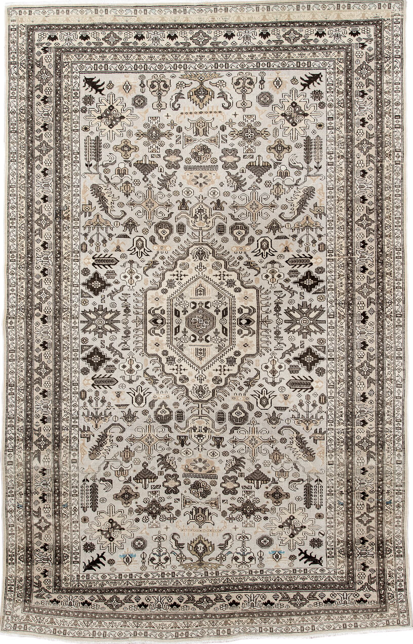 5' x 8' one-of-a-kind handmade vintage  medium size rug. Color palette: antiquewhite, black, gray, light gray, misty rose