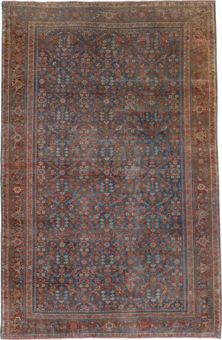 4' x 6' one-of-a-kind handmade vintage Malayer small size rug. Color palette: blue, brown, dark gray, dim gray, gray
