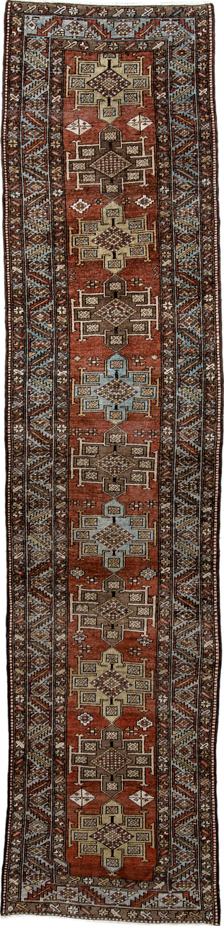 3' x 12' one-of-a-kind handmade vintage Heriz runner rug. Color palette: brown, off-white, orange, gray, light gray