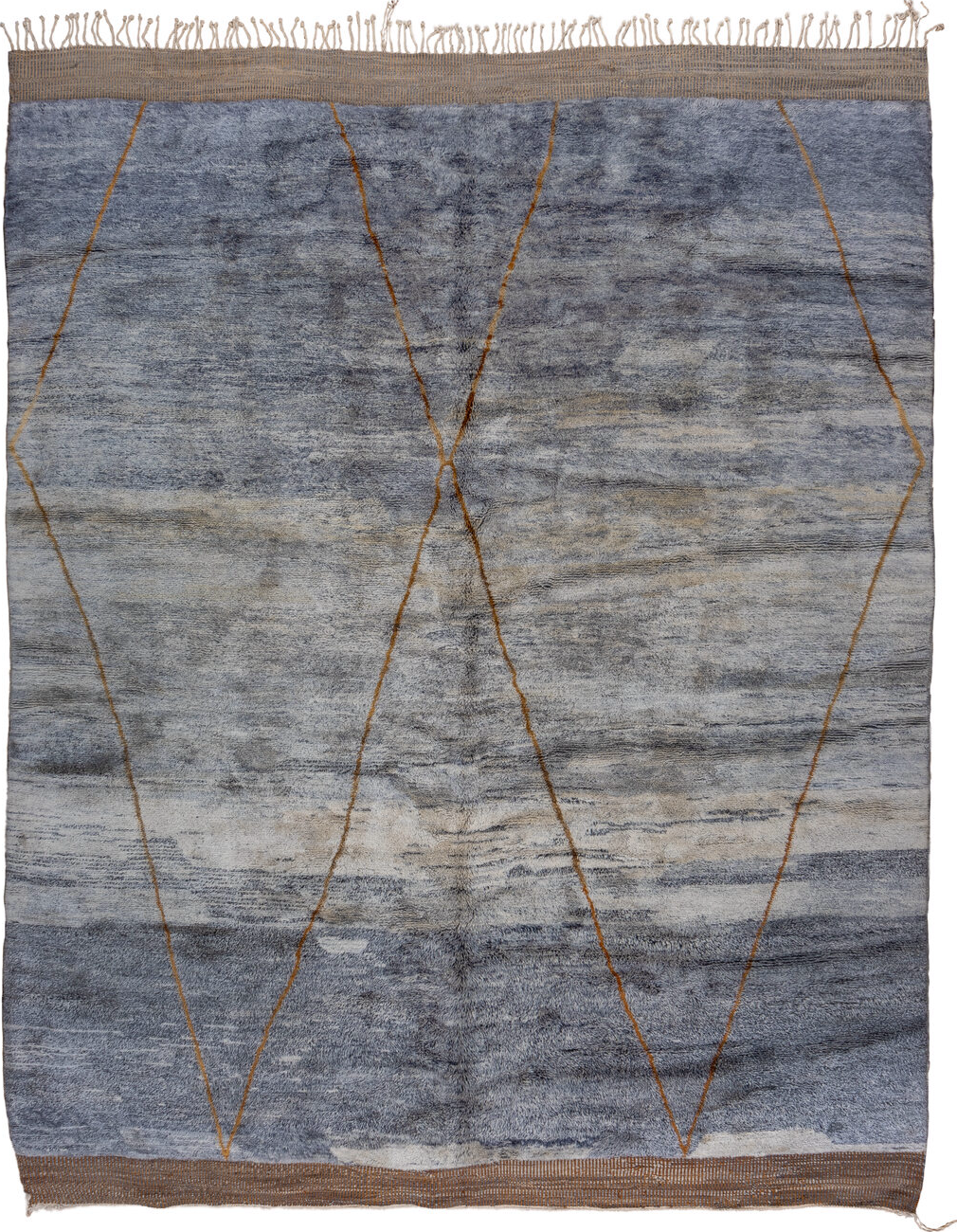 10' x 13' one-of-a-kind handmade vintage Moroccan large size rug. Color palette: black, blue, brown, charcoal, dark gray