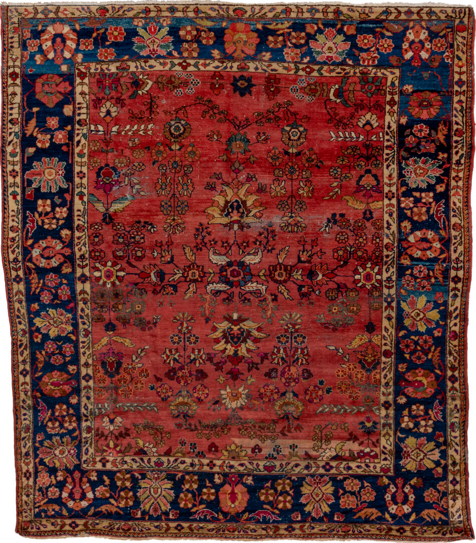 8' x 9' one-of-a-kind handmade vintage Mahal rug. Color palette: arapawa, blue, brown, gainsboro, gray, maroon, off-white
