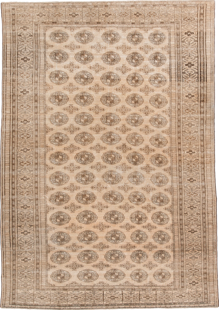 6' x 9' one-of-a-kind handmade vintage Bokara medium size rug. Color palette: antiquewhite, bisque, brown, gray, light gray