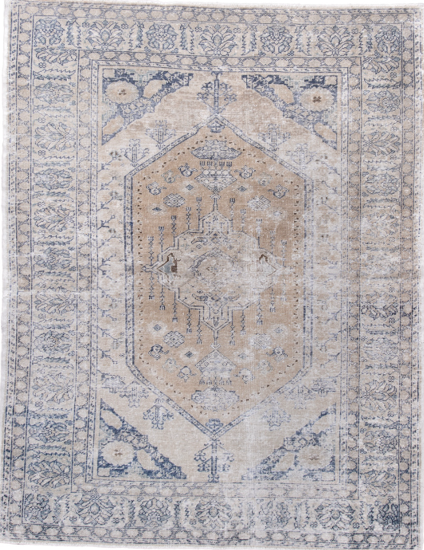 4' x 5' one-of-a-kind handmade vintage Kaisary small size rug. Color palette: blue, dark gray, dim gray, gray, light gray