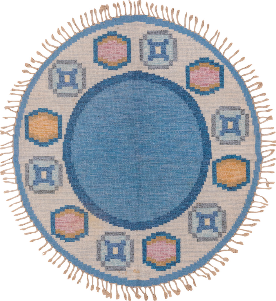 6' x 6' one-of-a-kind handmade vintage Rollaken rug. Color palette: blue, brown, dim gray, fiord, gray, light gray