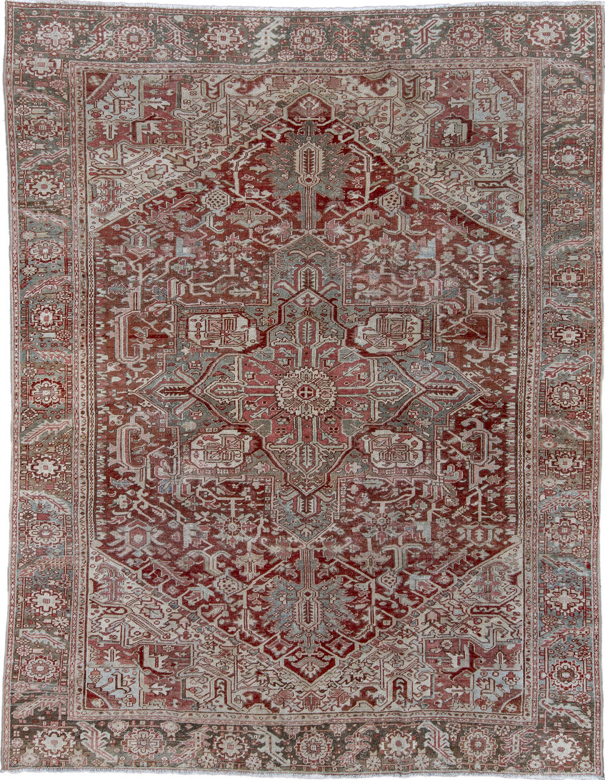 8' x 10' one-of-a-kind handmade vintage Heriz large size rug. Color palette: brown, dark gray, gray, light gray, off-white