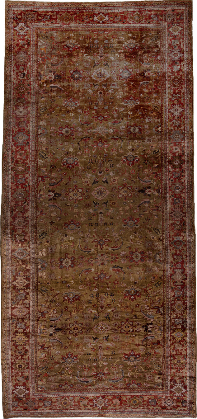 9' x 19' one-of-a-kind handmade vintage Sultanabad rug. Color palette: brown, gray, pink