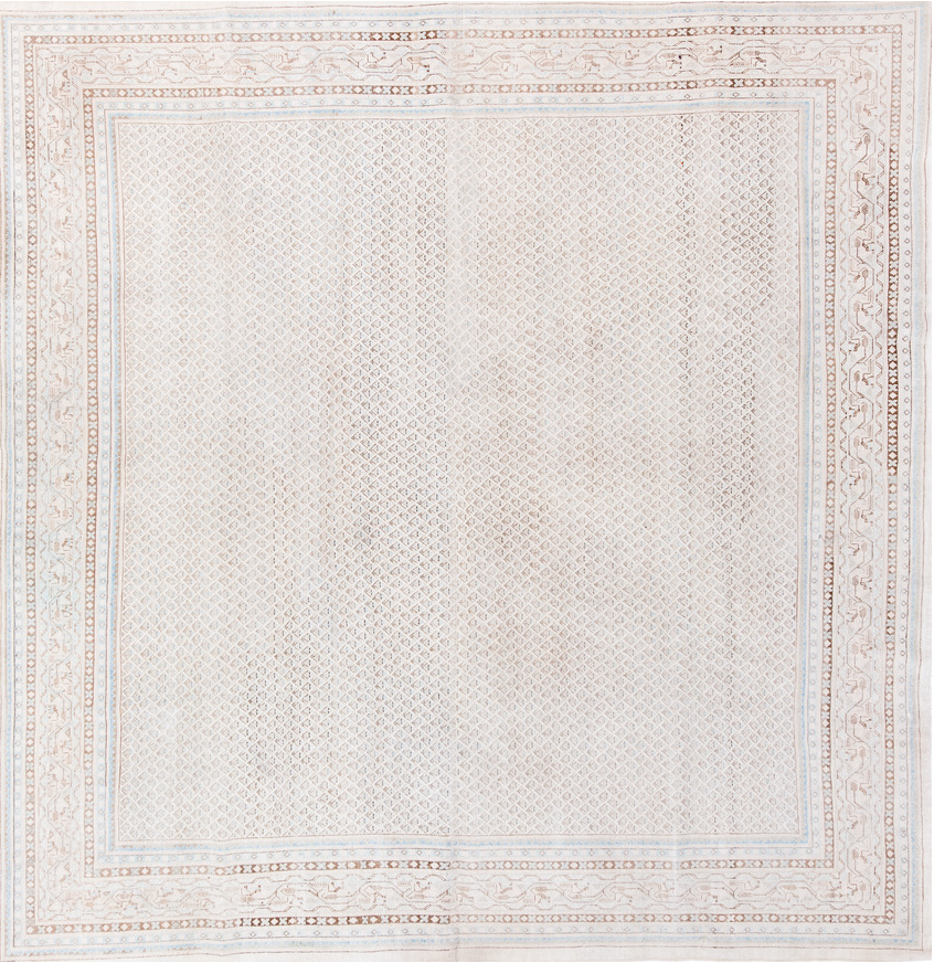 9' x 10' one-of-a-kind handmade vintage Saraband large size rug. Color palette: brown, dark gray, gainsboro, gray