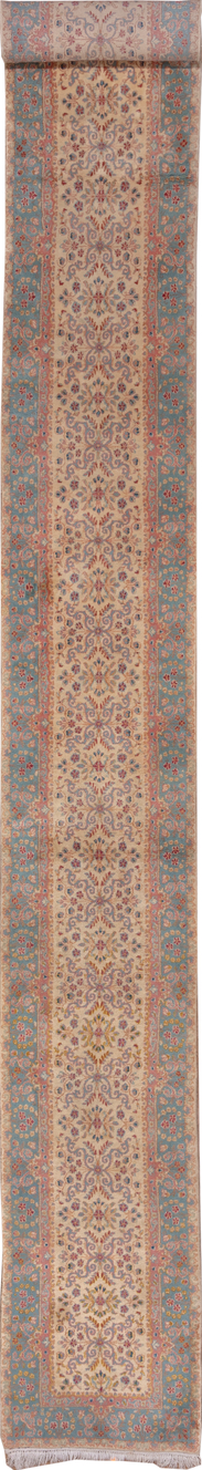 2' x 20' one-of-a-kind handmade vintage Kerman runner rug. Color palette: brown, dim gray, gray, light gray, off-white
