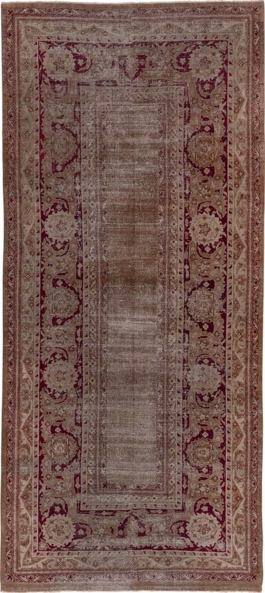 5' x 12' one-of-a-kind handmade vintage Agra rug. Color palette: brown, gray, pink, redwood