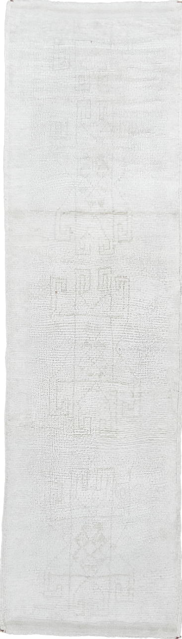 3' x 10' one-of-a-kind handmade vintage Kars runner rug. Color palette: alice blue, dark gray, floral white, gainsboro