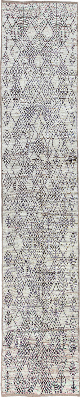 3' x 16' one-of-a-kind handmade vintage Tulu runner rug. Color palette: black, blue, dim gray, gray, light blue, light gray