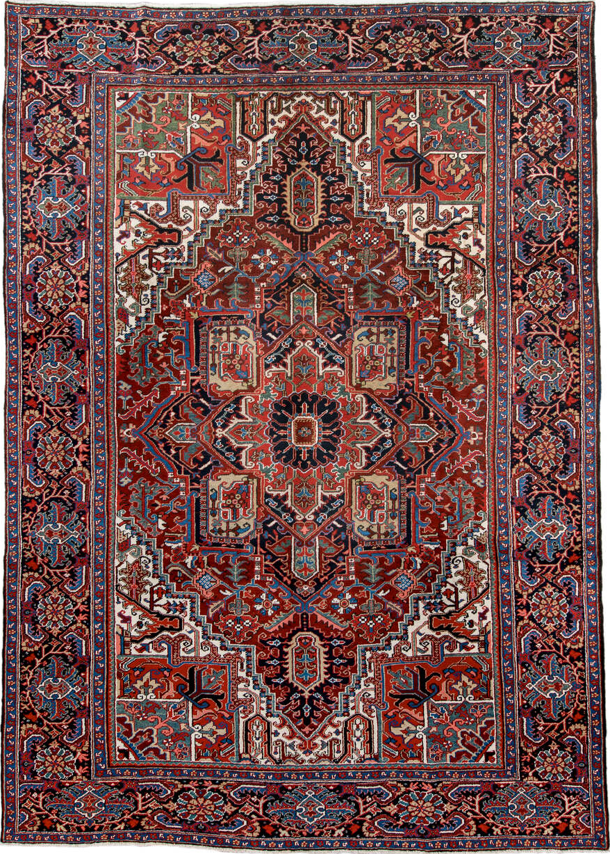 8' x 11' one-of-a-kind handmade vintage Heriz large size rug. Color palette: blue, brown, dark slate gray, fiord, gray