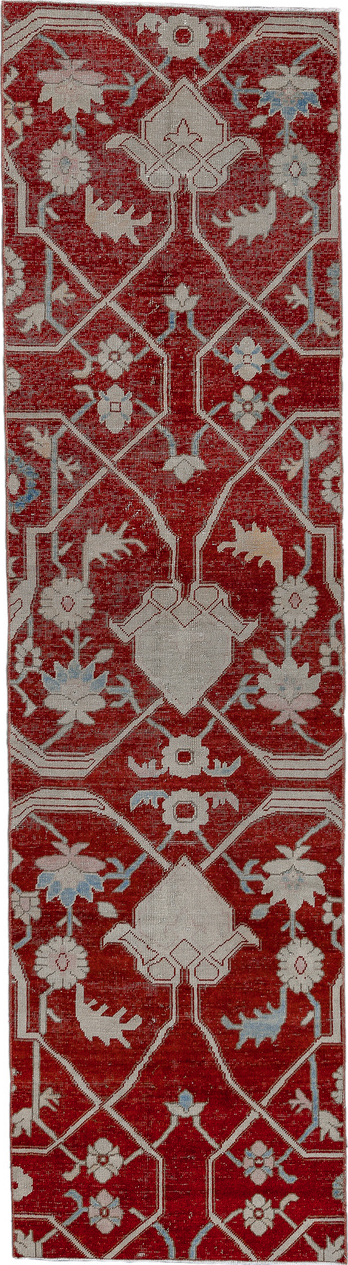2' x 9' one-of-a-kind handmade vintage Oushak runner rug. Color palette: brown, gray, light gray, off-white, pink, red