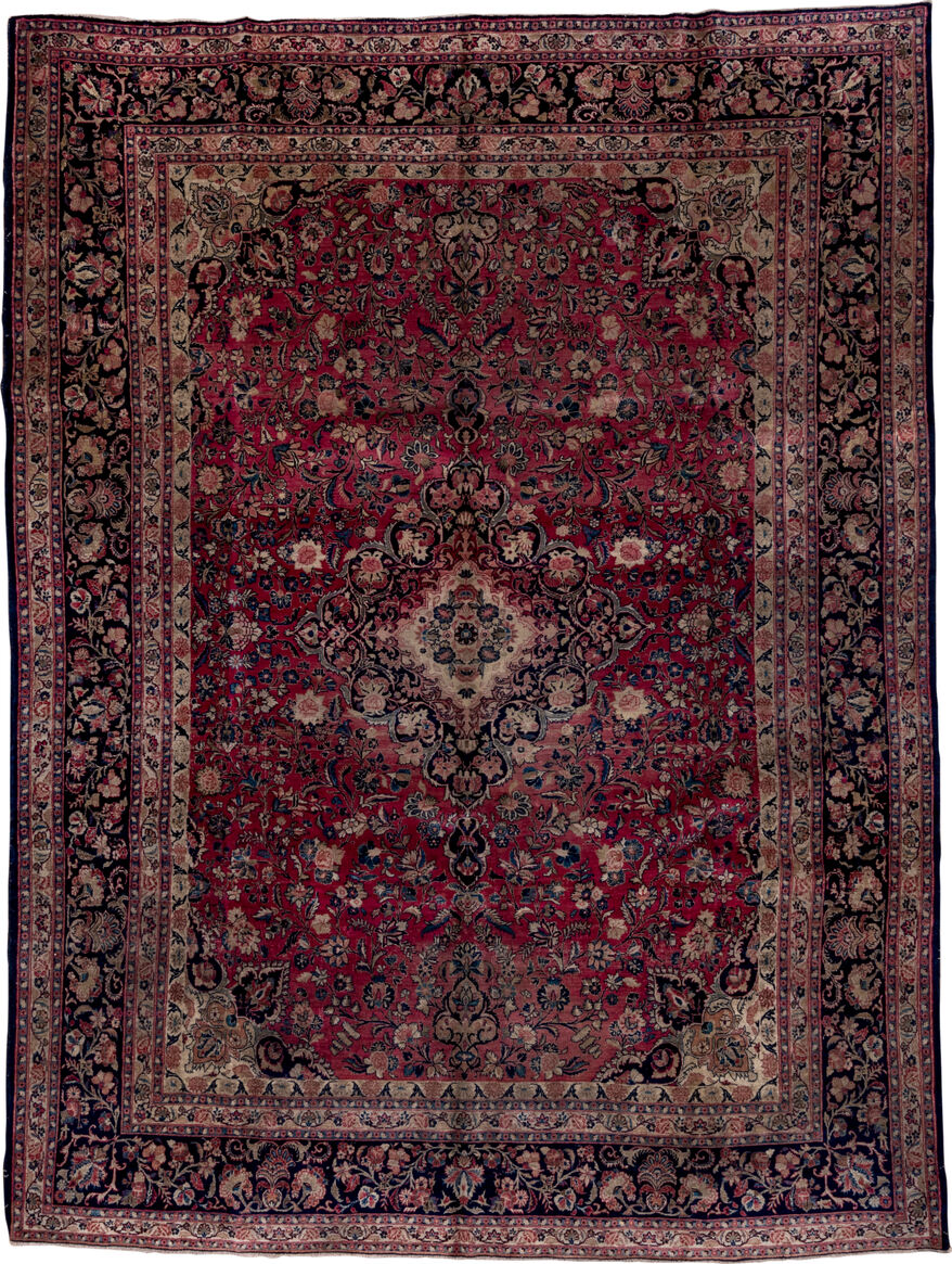 8' x 11' one-of-a-kind handmade vintage Kazvin large size rug. Color palette: blue, brown, gray, off-white, pink, red, snow