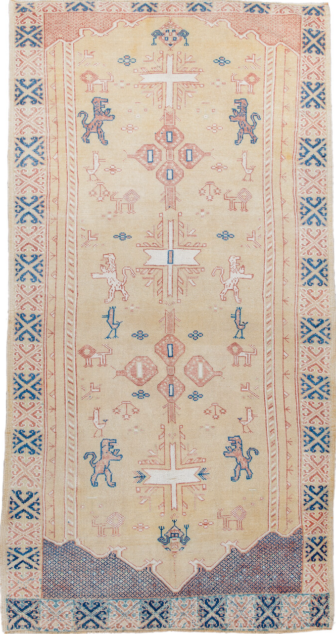 4' x 9' one-of-a-kind handmade vintage Moroccan rug. Color palette: blue, brown, gainsboro, gray, light gray, off-white