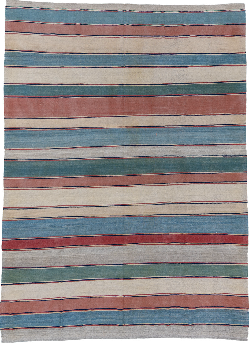 8' x 11' one-of-a-kind handmade vintage Kilim large size rug. Color palette: blue, brown, dark gray, fiord, gray, light blue