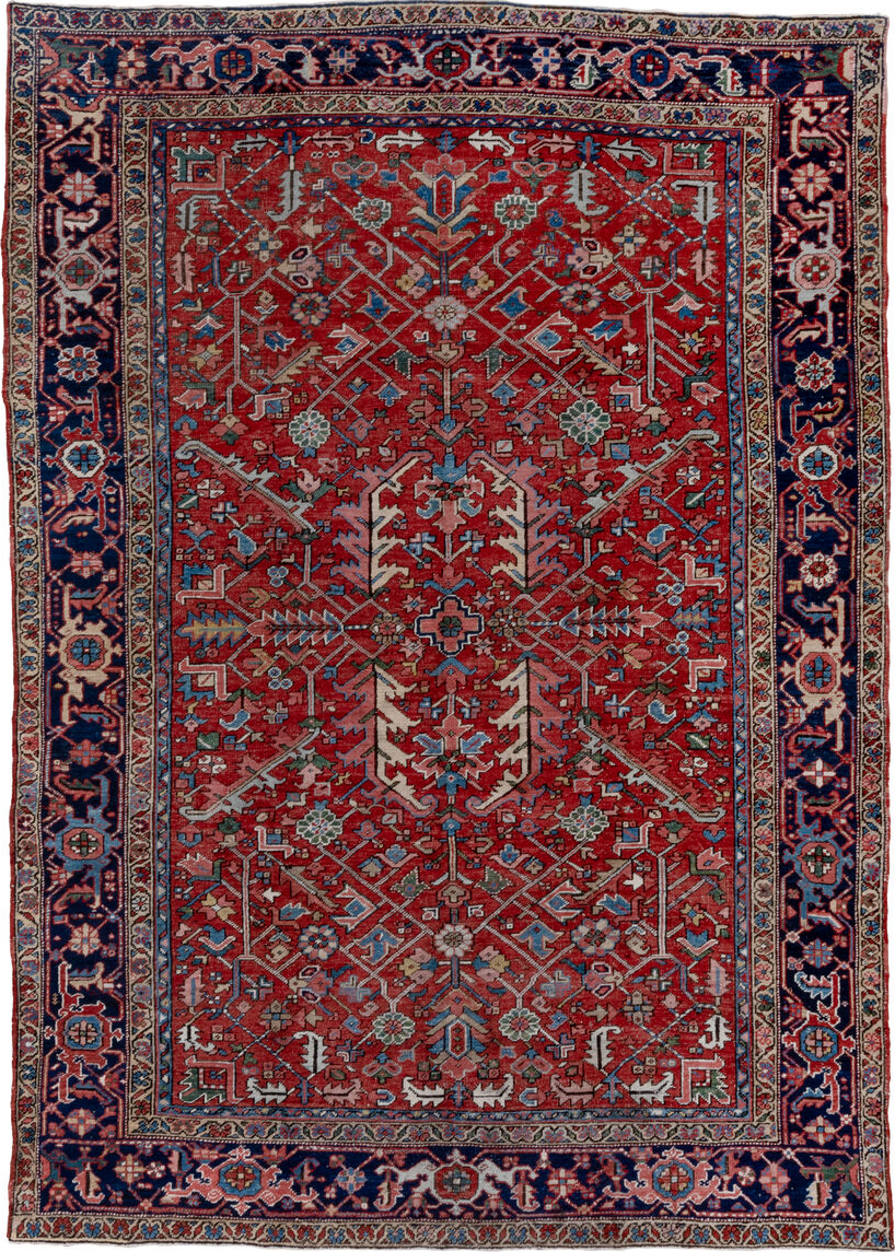 7' x 10' one-of-a-kind handmade vintage Heriz large size rug. Color palette: black, blue, brown, fiord, gray, off-white