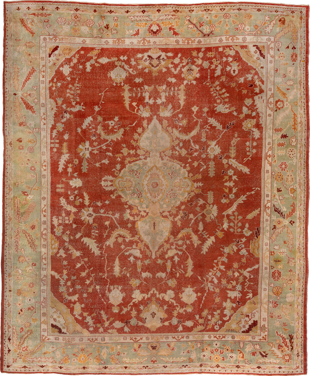 13' x 15' one-of-a-kind handmade vintage Oushak oversize rug. Color palette: brown, off-white, orange, pink, red