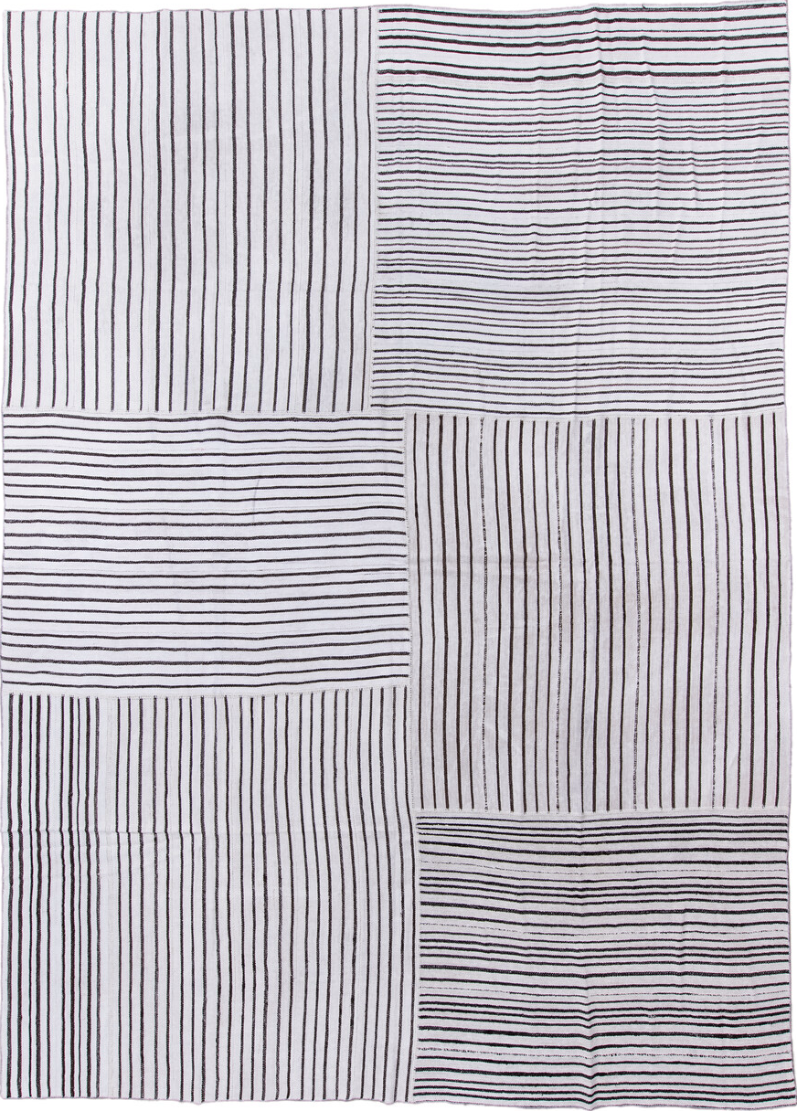 11' x 16' one-of-a-kind handmade vintage Flatweave oversize rug. Color palette: pink, gray, off-white, light gray, blue